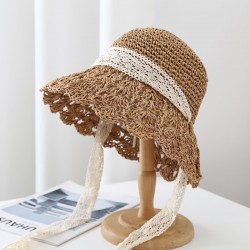 Korean version of the tide small fresh big hat female beach hollow straw hat female flounces shade hat foldable fisherman hat